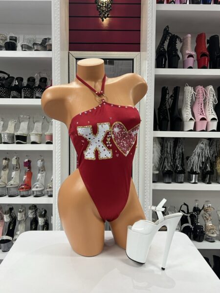Red XO heart halter rhinestone bodysuit