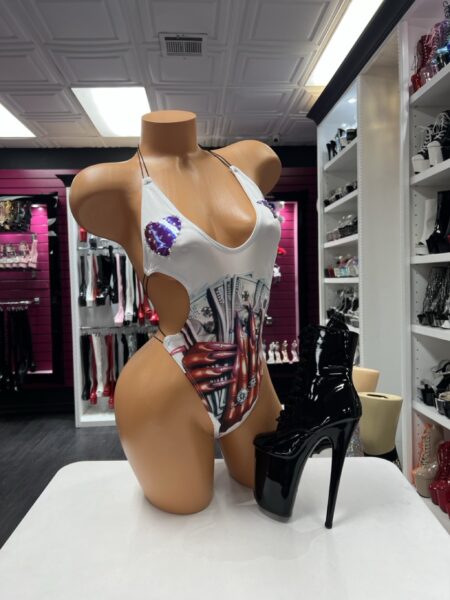 Money print cutout bodysuit with strappy back and high-cut sides