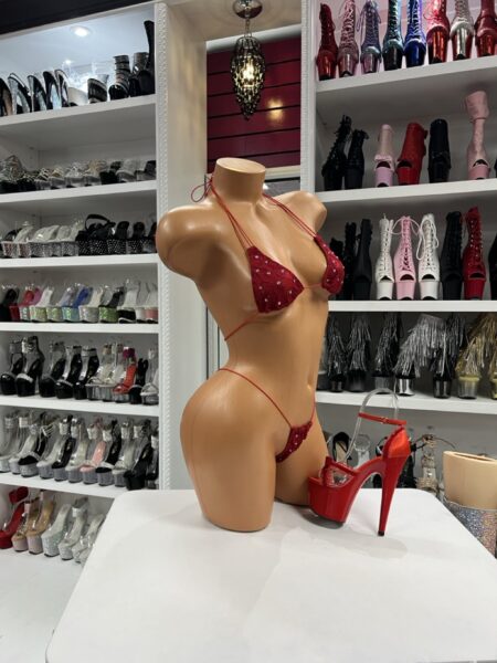 Red lace micro bikini with crystal embellishments