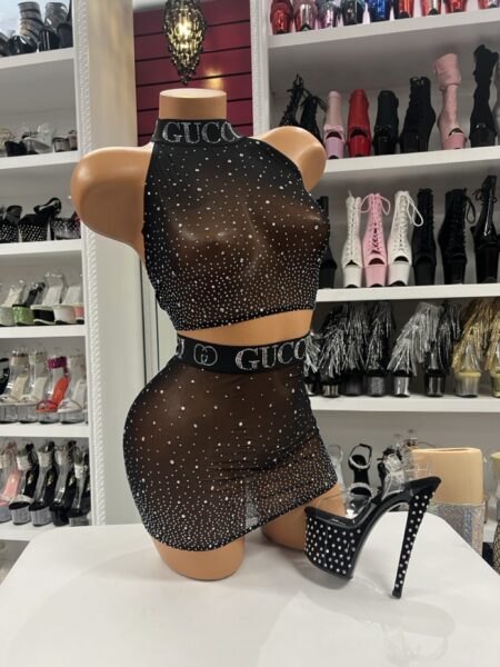 Black rhinestone mesh two piece set with halter crop top and mini skirt