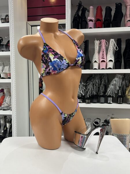 Floral micro bikini with purple straps and colorful flower print