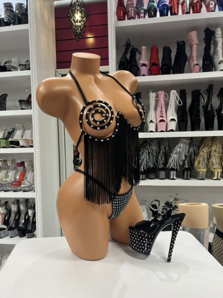 Black fringe spiral tassel two piece set with rhinestone spiral cups