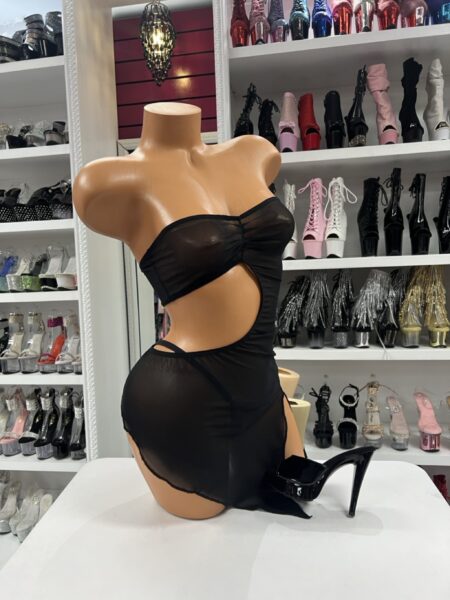 Black sheer cutout dress with strapless bandeau and side waist cutout