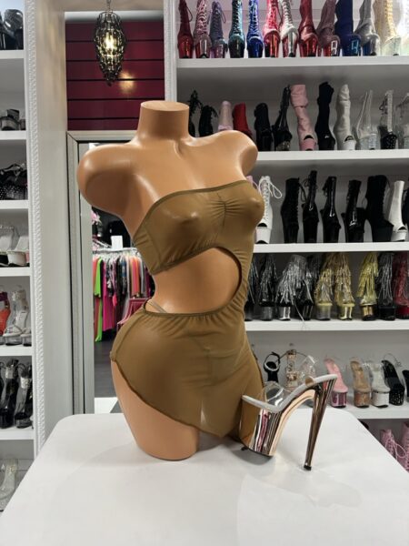 Dark nude cutout dress with strapless bandeau and side waist cutout