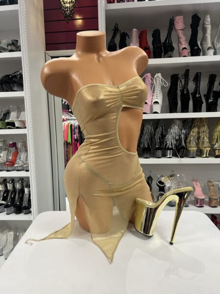 Gold sheer cutout dress with strapless bandeau and asymmetrical slit
