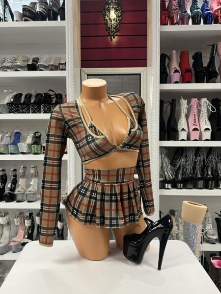 Plaid scholar skirt set with long sleeve crop top and pleated mini skirt