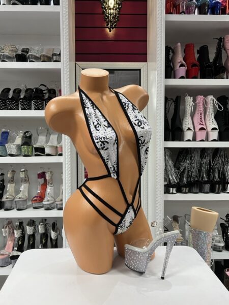 Rhinestone strappy bodysuit with plunging neckline and side strap cutouts