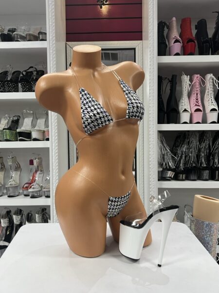 Houndstooth micro bikini set with black and white pattern and clear straps