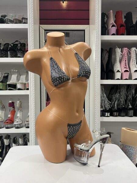 Charcoal rhinestone micro bikini with clear straps