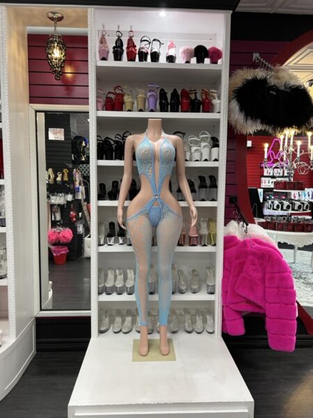 Sky blue rhinestone cutout mesh catsuit