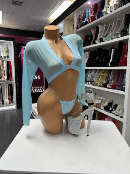 Aqua rhinestone mesh long sleeve two piece set