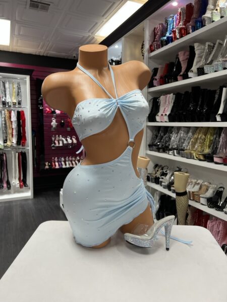 Baby blue rhinestone cutout halter mini dress