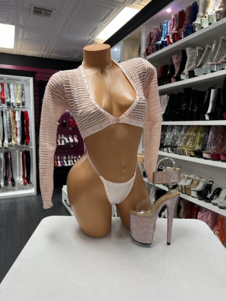 Blush rhinestone mesh long sleeve romper