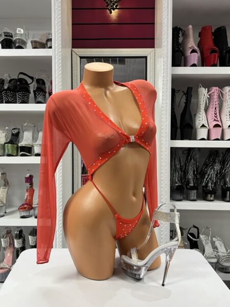 Red rhinestone mesh long sleeve romper