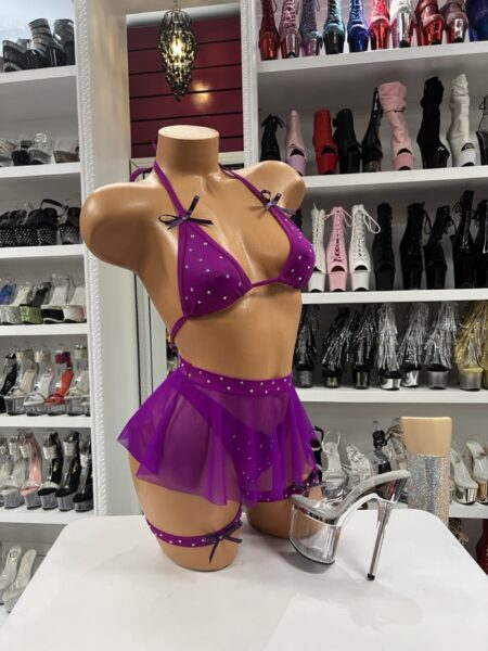 Purple rhinestone bow five piece skirt set with sheer mesh skirt