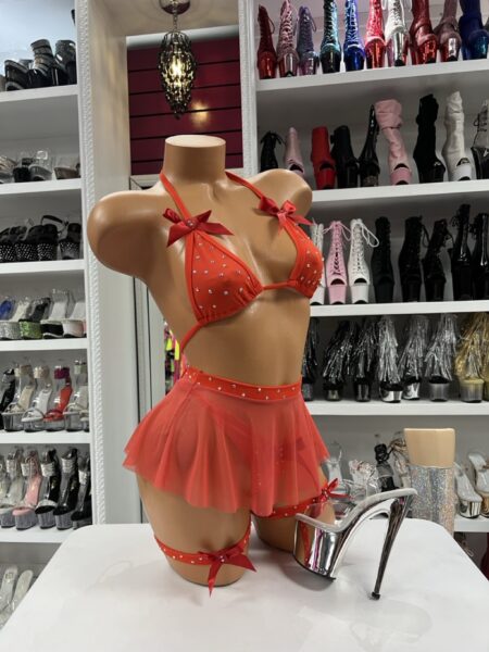 Red rhinestone bow five piece skirt set with sheer mesh mini skirt