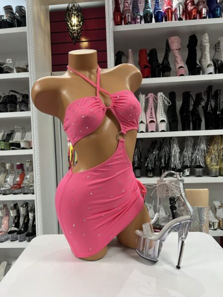 Coral rhinestone halter cutout mini dress with ruched side skirt