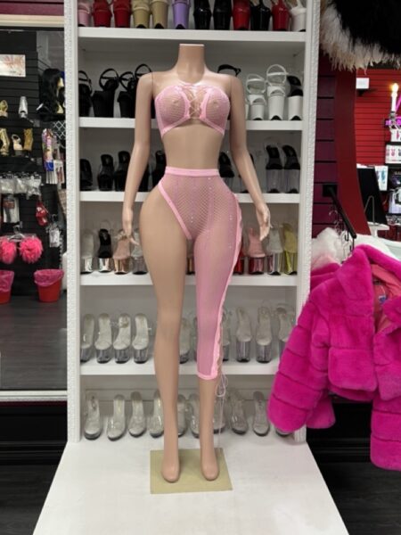 Pink Fishnet Legging Set with crop top and asymmetrical single-leg fishnet design