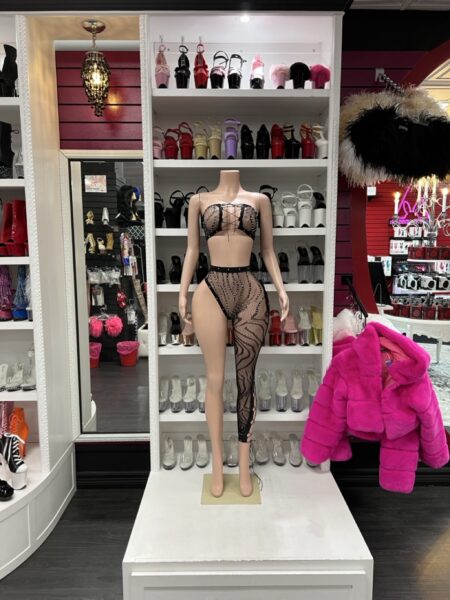 Black rhinestone asymmetrical mesh catsuit set