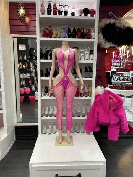 Pink rhinestone mesh bodystocking with fishnet legs