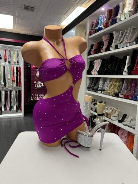 Magenta rhinestone halter cutout mini dress with ruched skirt
