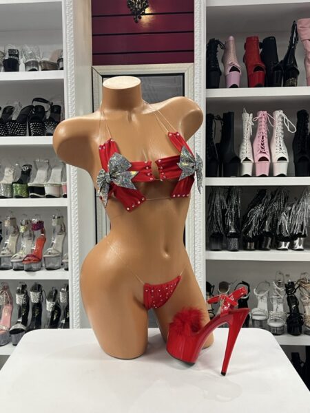 Red rhinestone bow bikini with crystal details and thong bottom