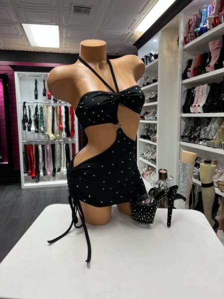 Black rhinestone cutout halter mini dress with ruched side ties