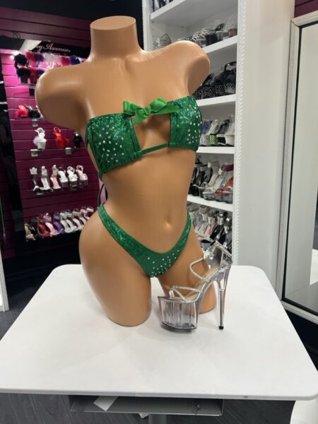 Emerald green rhinestone bow bandeau bikini with cutout design