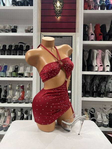 Ruby crystal cutout dress with halter neckline and ruched mini skirt