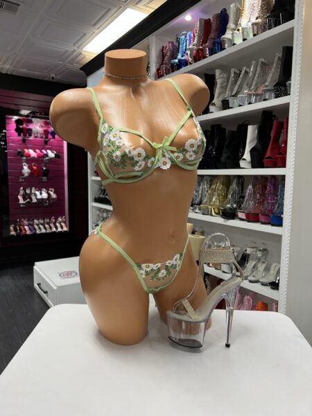 Green daisy bra set with sheer mesh and floral embroidery