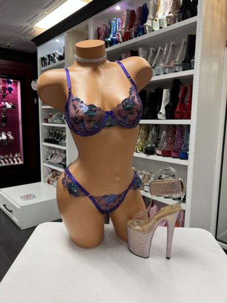 Purple lace bra set with sheer embroidered bra and matching thong