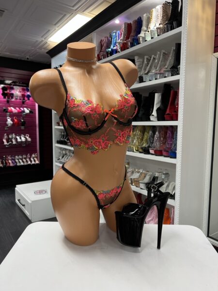 Neon floral lace lingerie with sheer mesh bra and matching thong