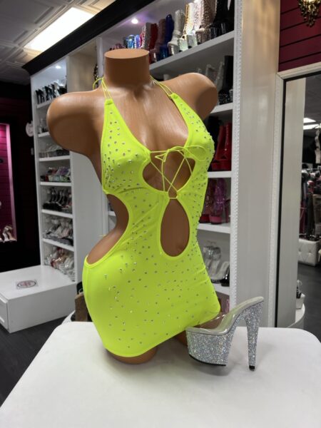 Neon lime cutout dress with rhinestones and halter neckline