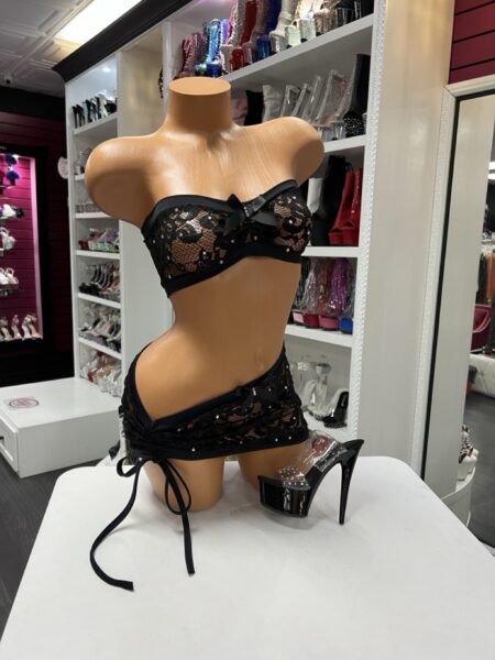 Black Lace Bow Skirt Set features sheer lace, rhinestones, and adjustable side ties for a flirty statement look.
