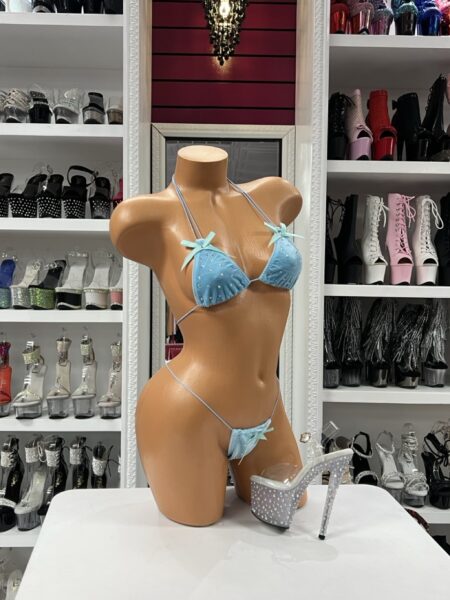 Aqua velvet bow bikini with shimmer studs and micro thong