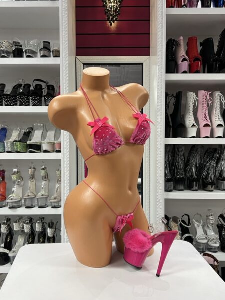Hot pink velvet bow bikini with shimmer studs and micro thong