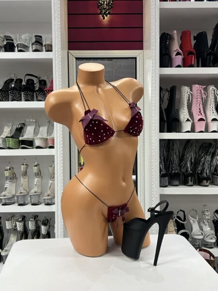 Burgundy velvet bow bikini with shimmer studs and micro thong