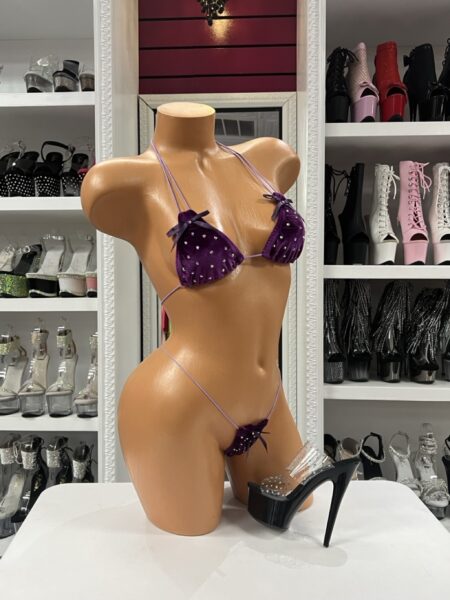 Deep purple velvet bikini with bow accents and micro thong