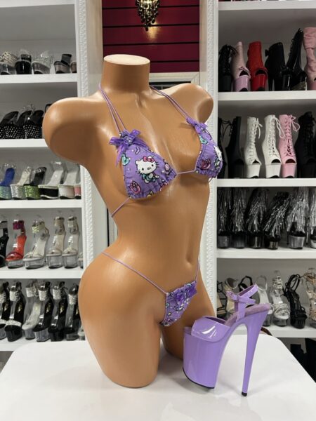 Purple kitty print bikini with bow accents and micro thong