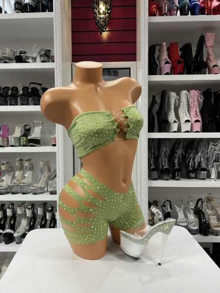 Olive rhinestone cutout set with bandeau top and shorts
