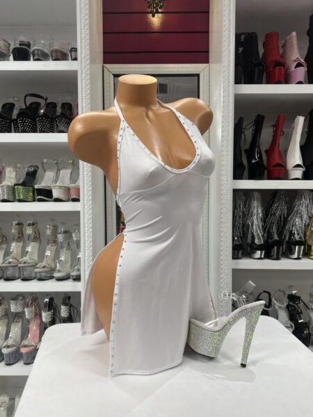 Angel white halter dress with side slit and stud detailing