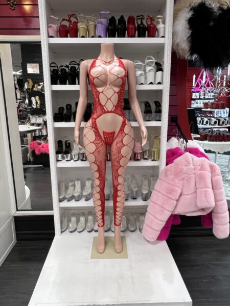 Red lace full bodysuit with sheer pattern design and full length fit