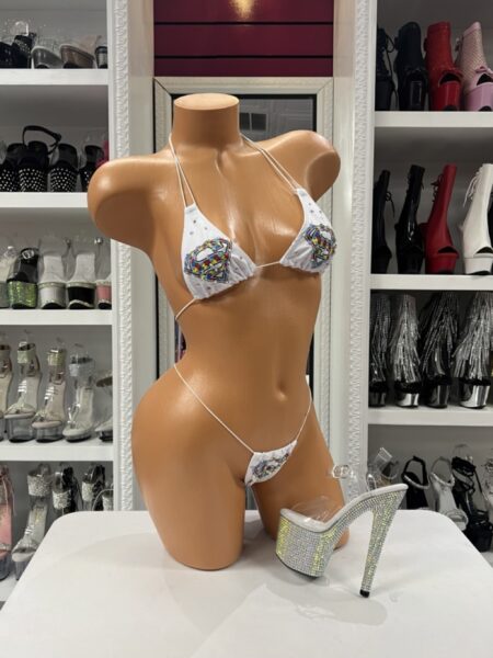 White rhinestone micro bikini with triangle top and minimal string design