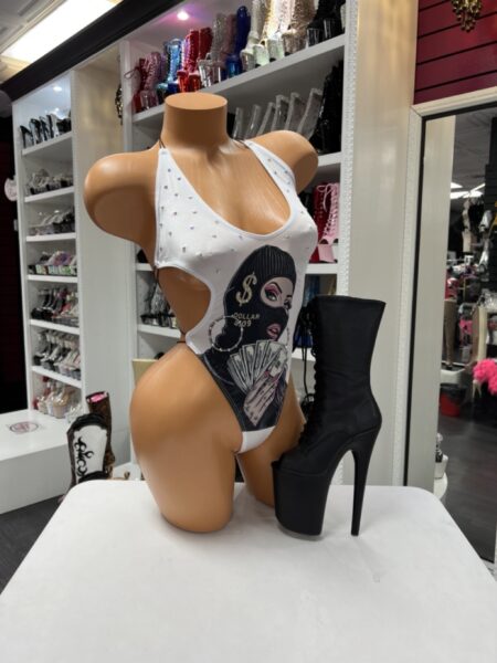 Masked money graphic bodysuit with rhinestones and strappy back design