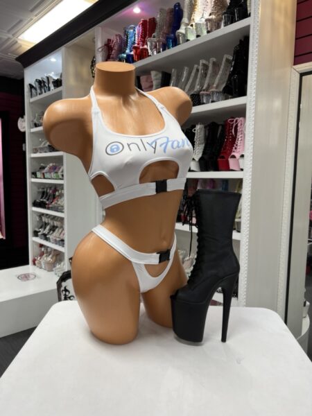 White cutout buckle set with halter top and adjustable back ties