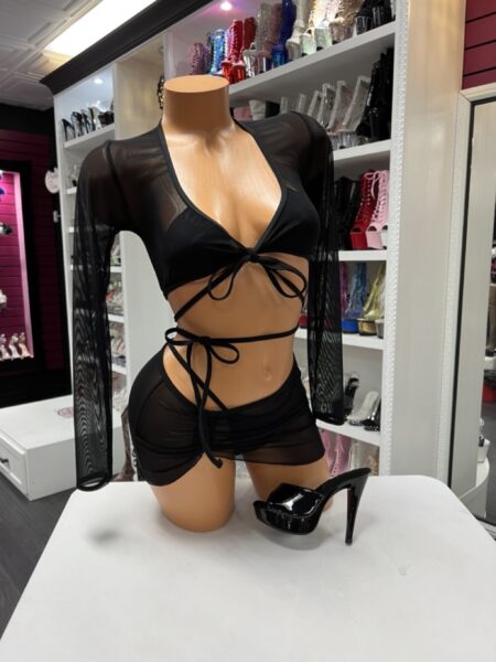 Black sheer tie set with long sleeves and ruched skirt