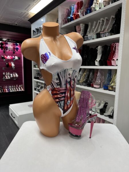 Money print cutout bodysuit with strappy back and high-cut sides