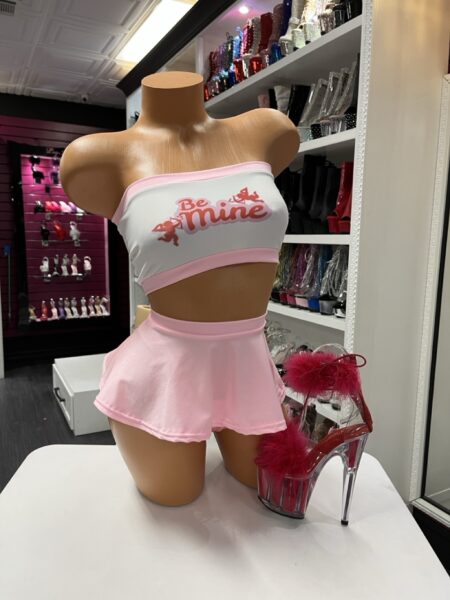 Be Mine pink skirt set with strapless top and mini skirt