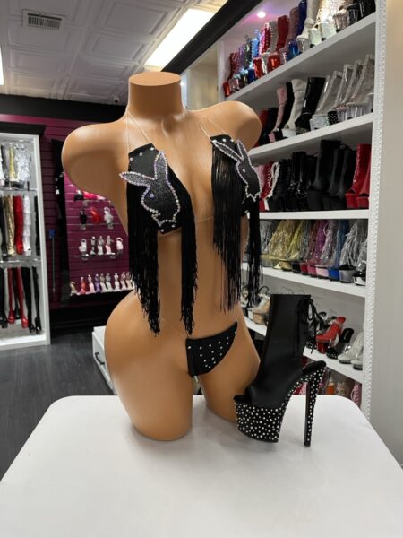 Black fringe bunny set with rhinestone top and thong