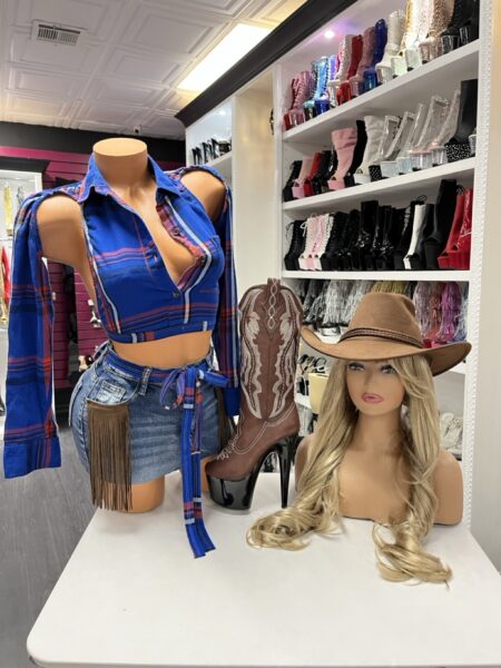 Blue plaid cowgirl crop top denim fringe skirt set